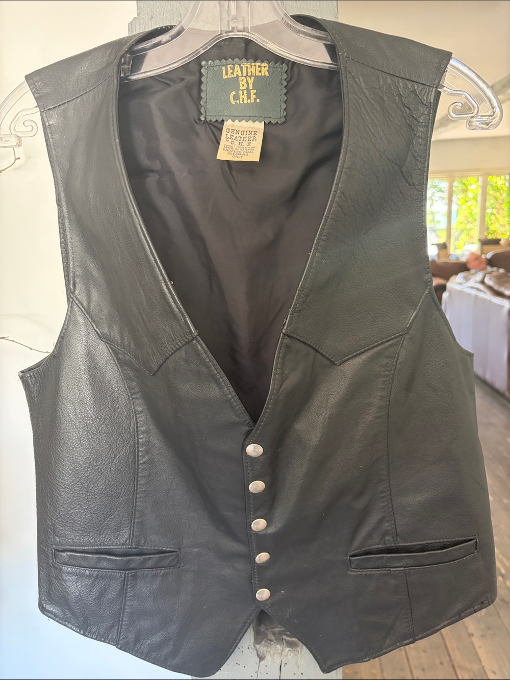 Leather by C.H.F. Black Leather Button Vest VINTAGE FOR Bikers